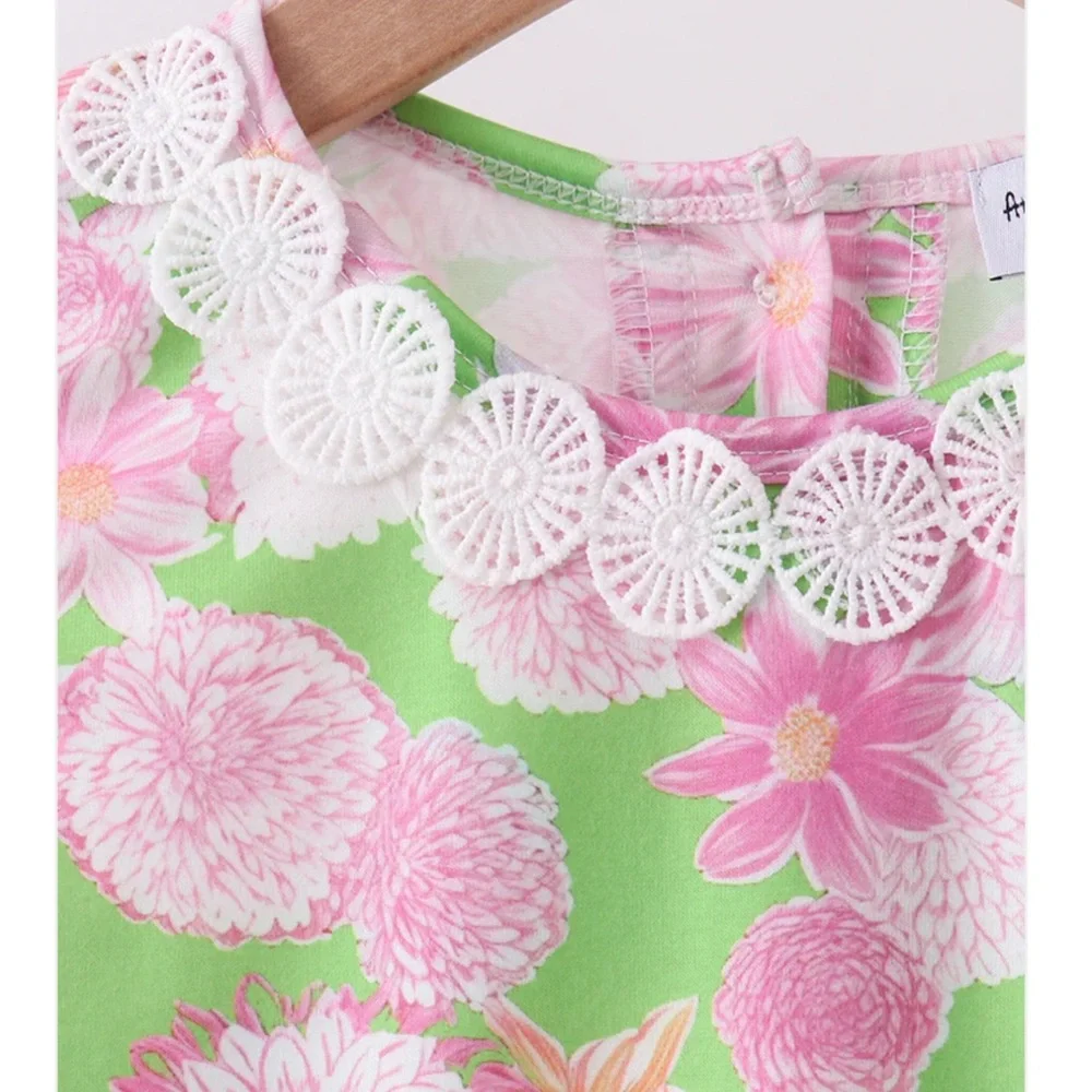Pink & Green Floral Lace Shift Dress Girls Sz 6 NWT Tie Side Embroidered Collar